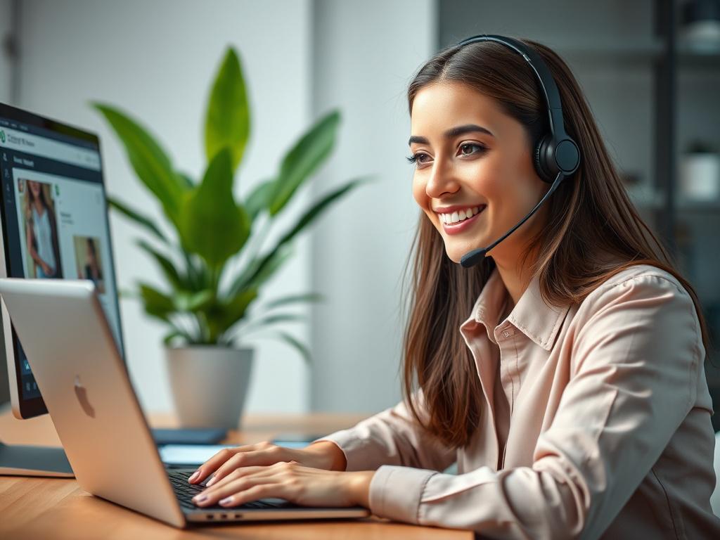 A realistic, high-resolution close-up shot of a virtual assistant in a modern home office setting, engaged in a friendly chat on a laptop. The subject is a woman with a warm smile, wearing a headset, conveying professionalism and approachability. The background features a tidy desk with a plant and a computer screen showing chat software. The overall color scheme incorporates rgb(50, 170, 39) to create a fresh and inviting atmosphere.