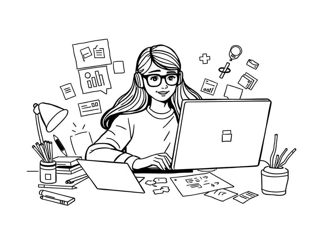 A captivating black line drawing of a creative virtual assistant designing on Canva, surrounded by colorful design elements and sketches. The background is minimal, highlighting the assistant's creativity and focus on the design process.