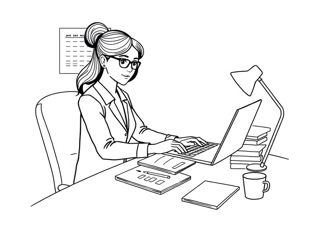 A crisp black line drawing of a focused virtual assistant sitting at a desk, managing a calendar and laptop, with notes and a coffee cup nearby. The background is simple and minimalistic, emphasizing the assistant's concentration and organization.