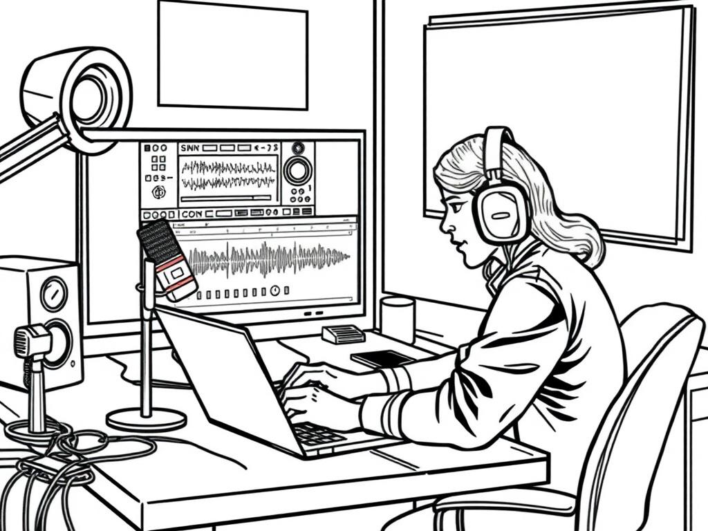 A detailed black line drawing of a virtual assistant working on audio editing software on a laptop, with sound waves visually represented on the screen. The workspace is organized, featuring headphones and a microphone, conveying a professional audio environment.