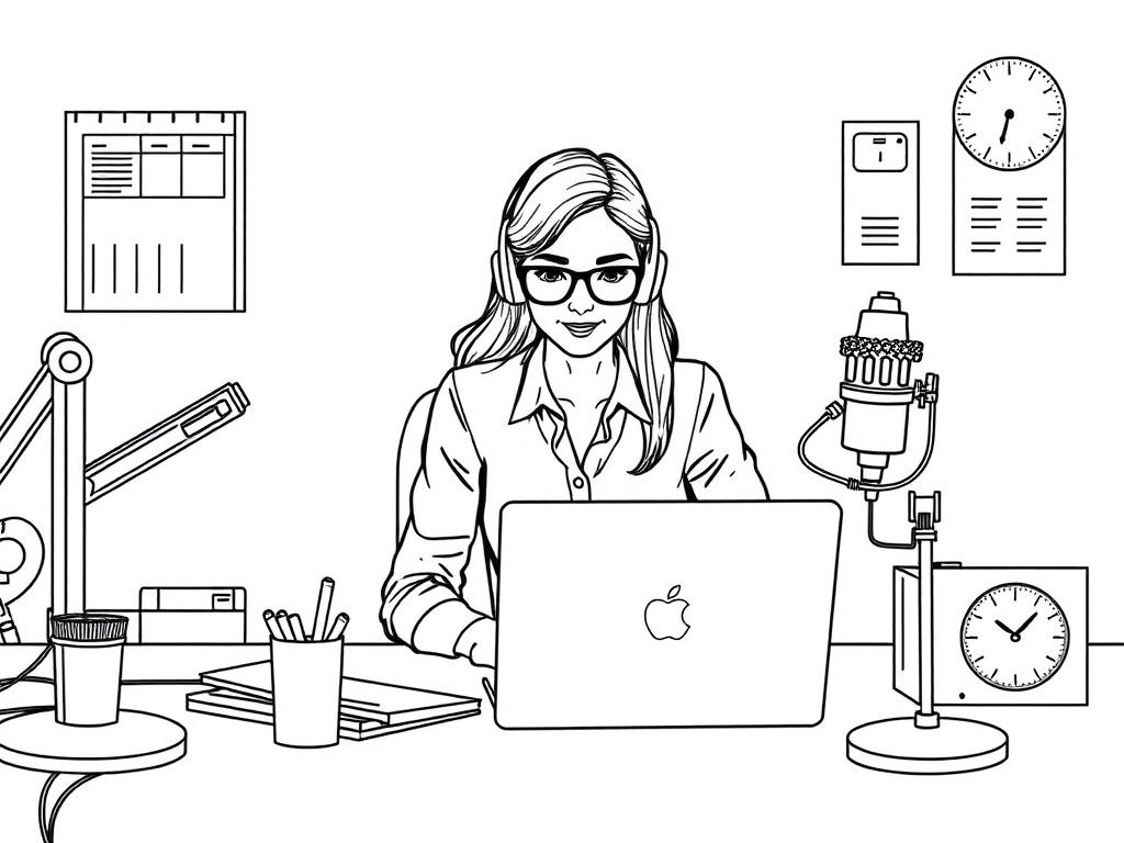 A high-quality illustration of a focused virtual assistant working diligently at her desk, surrounded by tools like a laptop, calendar, and audio recording equipment. The setting should be simple and organized, with a clean background, emphasizing professionalism and productivity. The assistant should be depicted in a crisp, solid black line drawing style, compatible with the rgb(162, 175, 127) primary color.