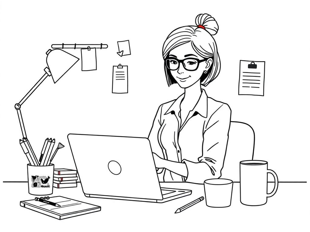 A high-quality illustration of a professional virtual assistant working on a laptop, surrounded by organized office supplies like a planner, sticky notes, and a coffee mug. The background is simple and clean, emphasizing the focus on the assistant. The illustration should feature crisp, solid black line drawing style and incorporate the primary color rgb(162, 175, 127) subtly.