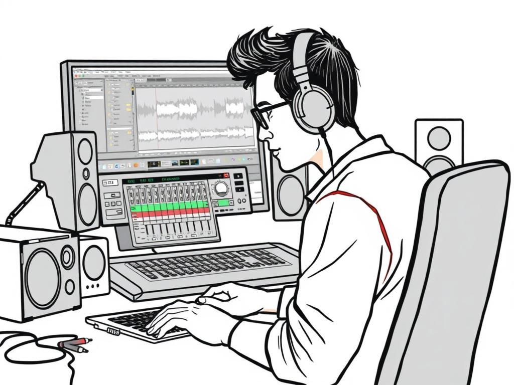 A high-quality illustration of a focused audio editor working with headphones on, surrounded by sound editing software on a computer screen and audio equipment. The background should be minimalistic, showcasing the editor's concentration. The illustration should feature crisp, solid black line drawing style and incorporate the primary color rgb(162, 175, 127) subtly.