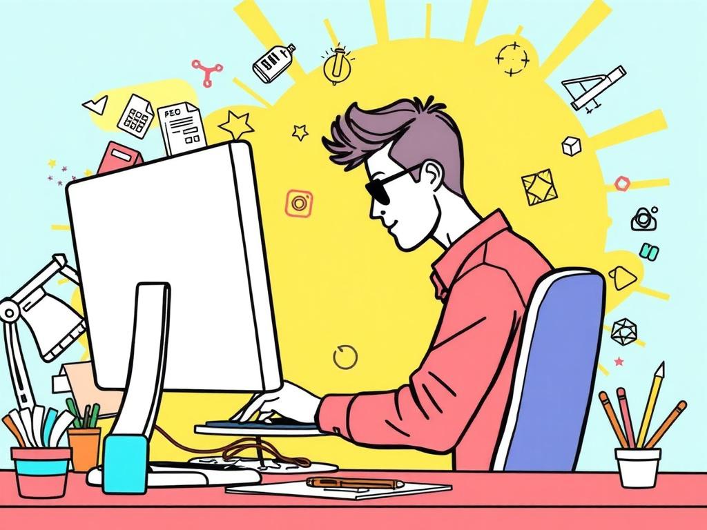 A high-quality illustration of a creative designer working on a computer, focused on a Canva design project, surrounded by colorful design elements and tools. The background should be bright and inspiring, reflecting the creativity of the design process. The illustration should feature crisp, solid black line drawing style and incorporate the primary color rgb(162, 175, 127) subtly.