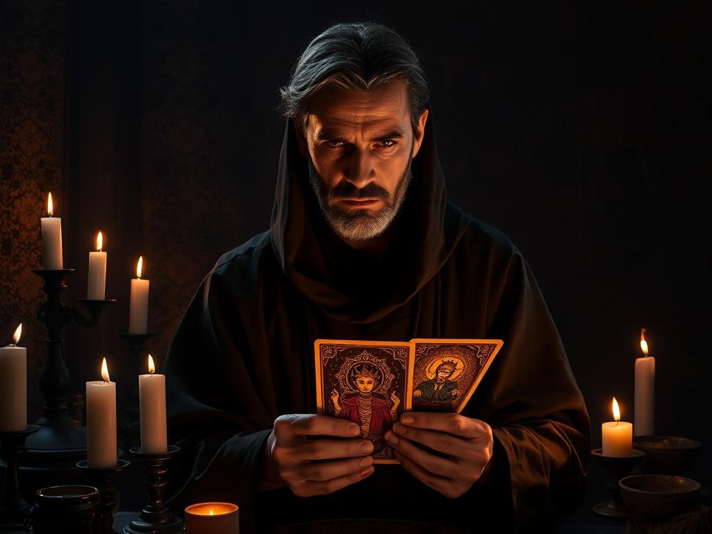 A mystical practitioner in a dimly lit room, surrounded by