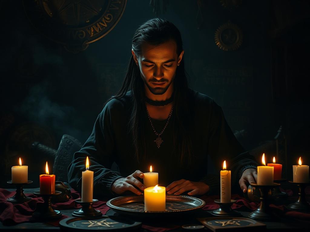 A mystical scene depicting a person in a dark, atmospheric