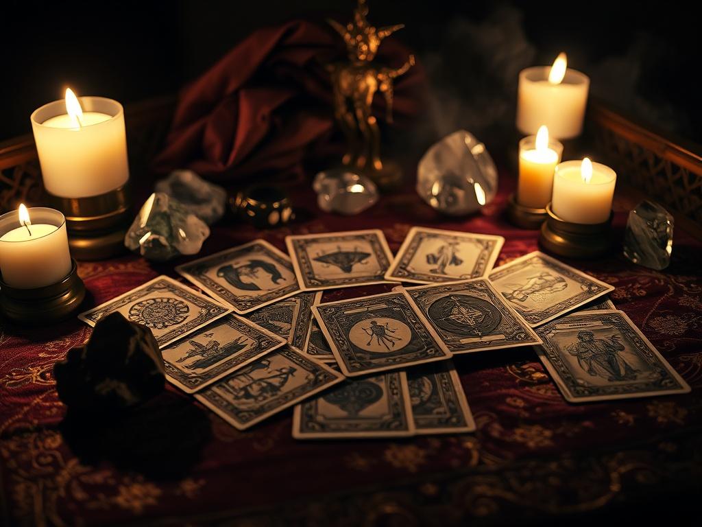 A close up of a tarot reading setup, featuring an