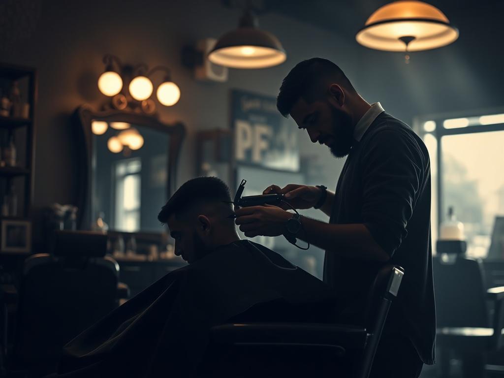 A barbershop interior showcasing a single barber expertly cutting a