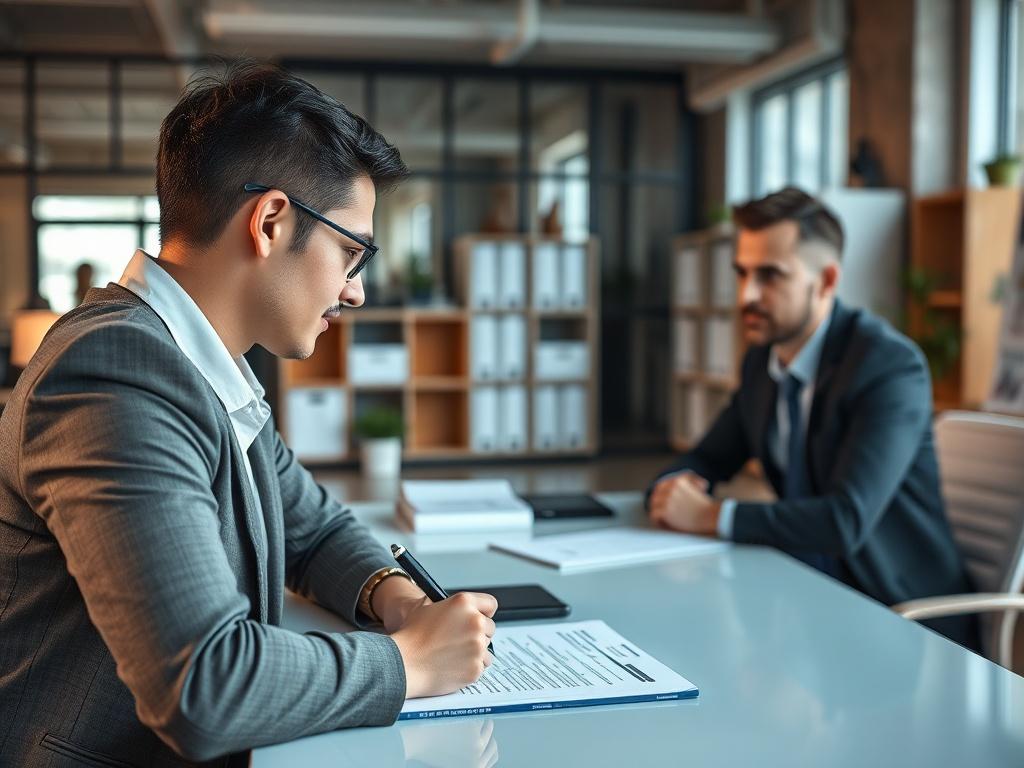 A close-up shot of a professional consultation scene in an office, featuring two people discussing over a table, one taking notes, with a well-organized workspace in the background.