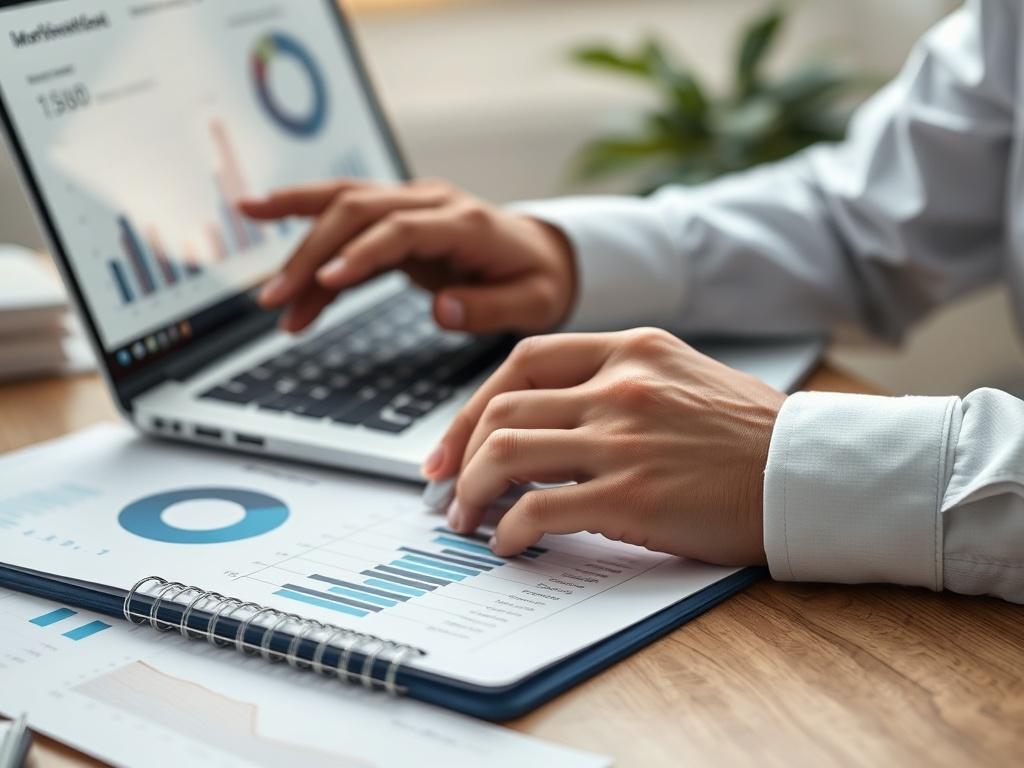 A close-up shot of a marketing analyst reviewing performance metrics on a laptop, surrounded by graphs and charts on a notepad.