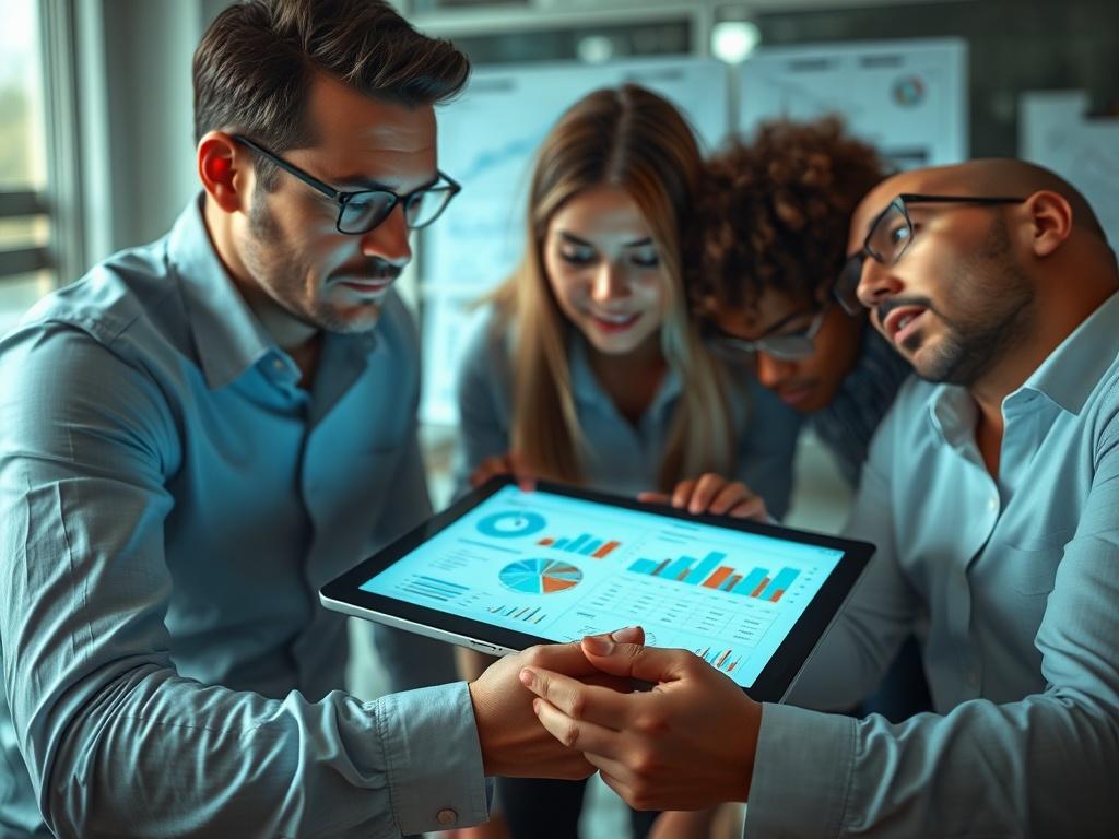 A close-up shot of a brainstorming session with a group of marketing professionals analyzing data on a digital tablet, surrounded by charts and notes.
