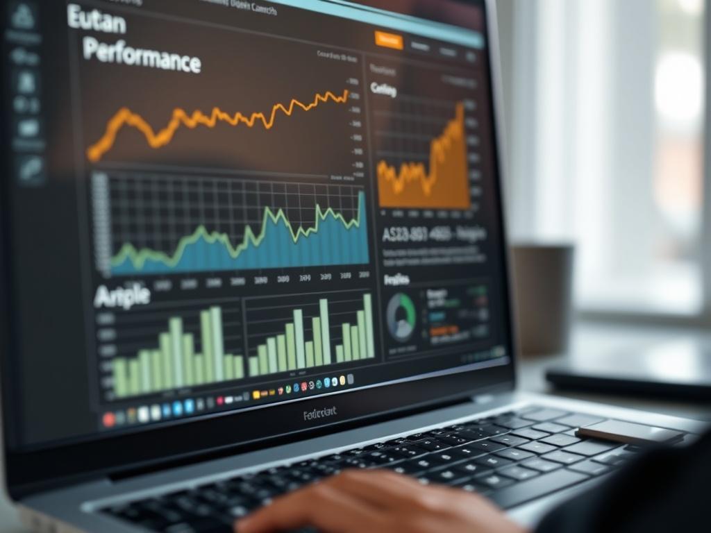 A close-up shot of a digital marketing campaign being launched on a computer screen, showing analytics and performance graphs.