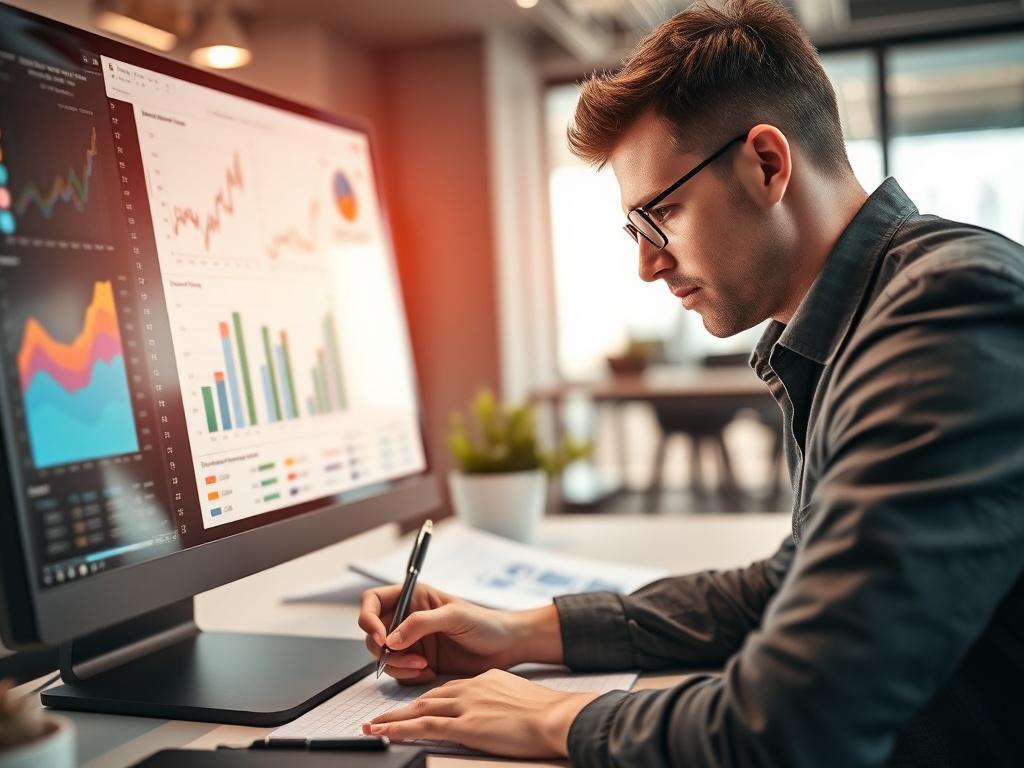 A close-up shot of a marketing strategist working on a digital marketing plan, surrounded by charts and graphs on a computer screen. The background should be a modern office space with warm lighting. The strategist is focused and writing notes, conveying a sense of professionalism and creativity. The image should be high-resolution and realistic, focusing on the details of the strategist and the workspace.