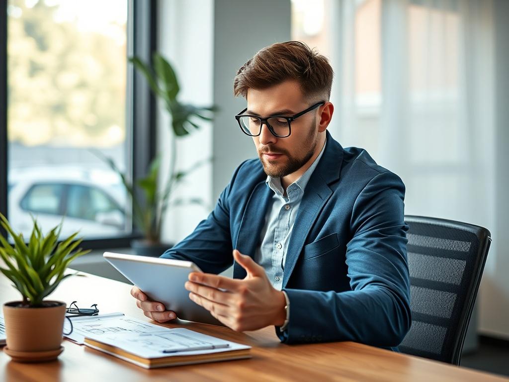 Create a realistic high-resolution photo that reflects the theme of "Közösségi Marketing Stratégiák." The composition should be simple and clear, featuring a single subject: a confident marketing professional in their early 30s, sitting at a modern desk, engaged in deep thought while looking at a digital tablet. The subject should have a focused expression, dressed in smart casual attire, embodying a sense of expertise and creativity.

The background should be a contemporary office setting, with soft natura