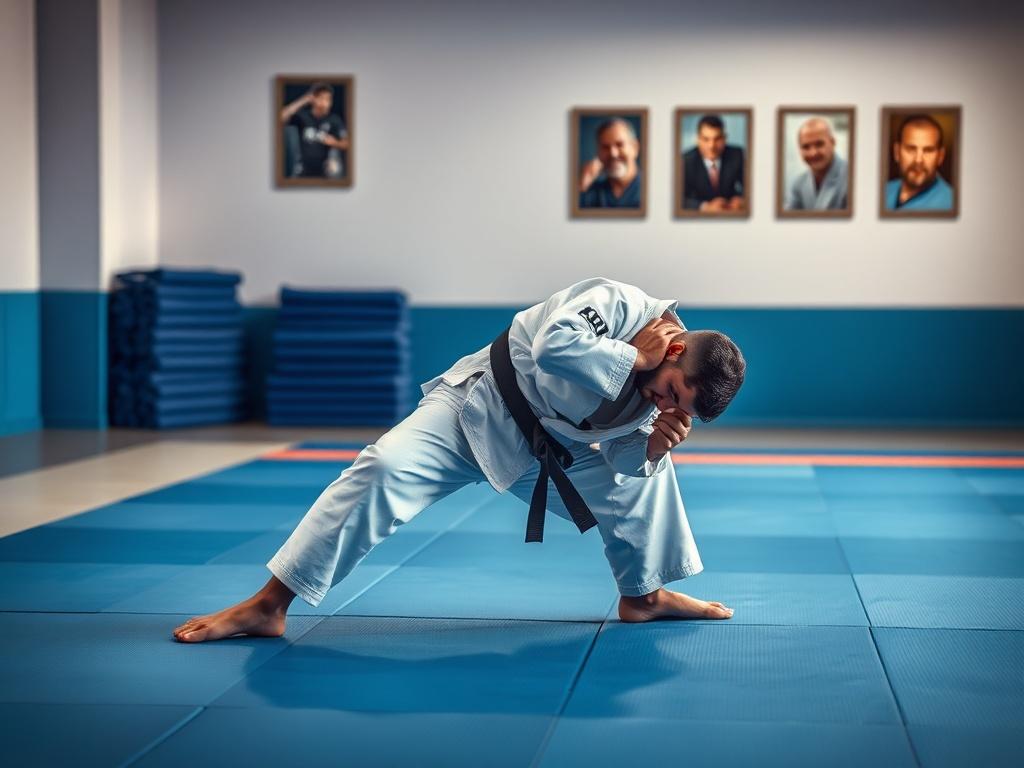 Create a realistic high-resolution photo that embodies the theme of "Introdução ao Jiu Jitsu Brasileiro." The image should feature a single practitioner of Brazilian Jiu Jitsu in the foreground, demonstrating a classic guard position on a clean, blue tatami mat. The subject should be dressed in a traditional white gi, showcasing their focus and dedication. 
In the background, include soft, blurred imagery of a well-lit gym, with subtle details such as mats stacked neatly in the corner, and a few framed pho