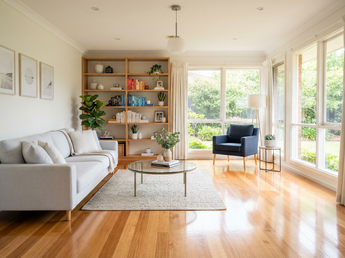 Professional living room cleaning - polished floors and organized furniture