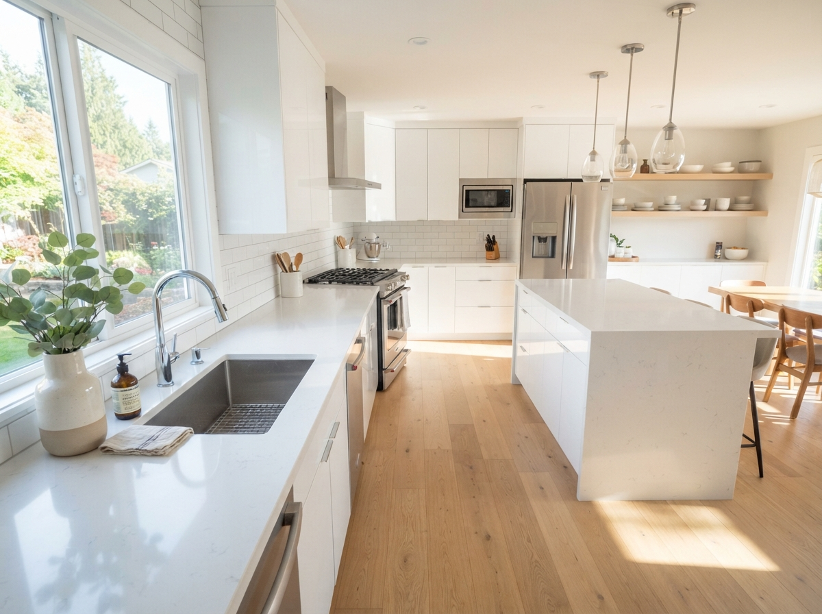 Professional kitchen cleaning - gleaming countertops and organized cabinets
