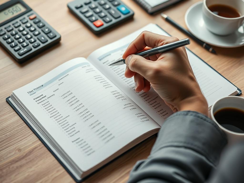 A high-resolution photo of a neatly organized desk with a detailed ledger open, showing financial entries. A hand is holding a pen, highlighting a specific entry, while a calculator and a cup of coffee sit nearby. The setting conveys a sense of order, professionalism, and financial management expertise.
