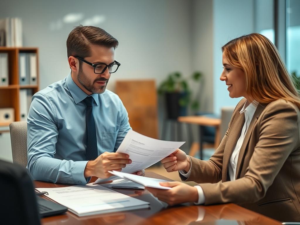 A realistic high-resolution image of a professional accountant discussing documents with a client in an office. The accountant is confidently explaining tax forms and regulations, while the client appears relieved and engaged. The background shows a well-organized office space, enhancing the professionalism of the interaction.