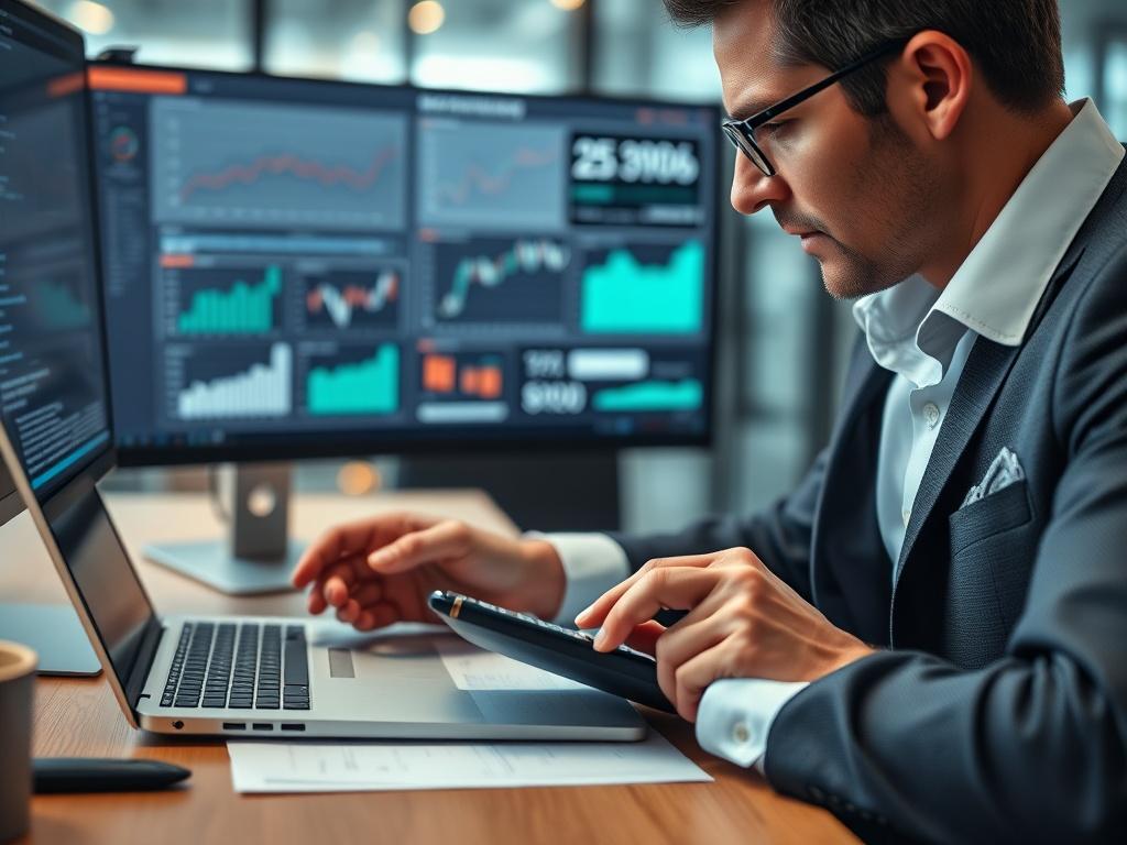 A close-up shot of a professional accountant at work, analyzing financial documents with a calculator and laptop in a modern office setting. The accountant is focused and engaged, with clear financial graphs and charts visible on the computer screen. The background is softly blurred to emphasize the accountant's concentration. The image should evoke a sense of professionalism, precision, and efficiency.