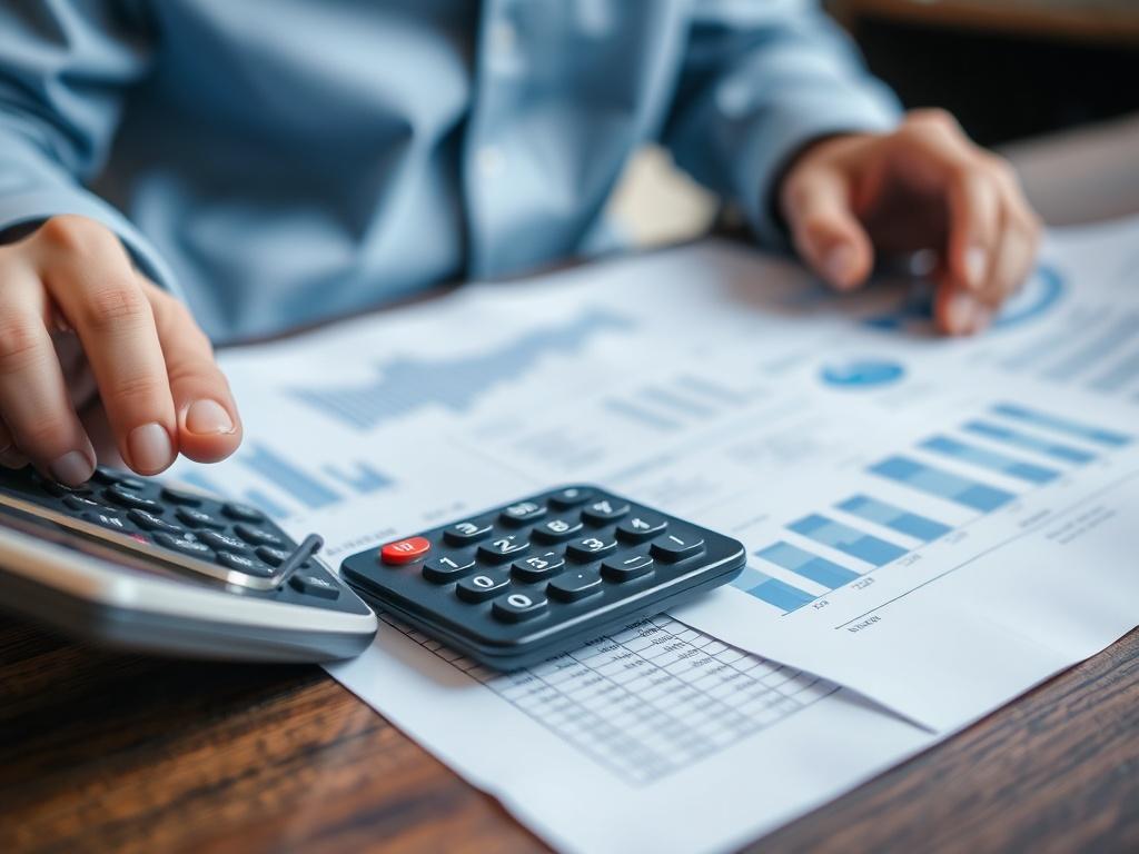 A close-up shot of a business consultant reviewing financial documents with a calculator on a desk, showing attention to detail and professionalism.
