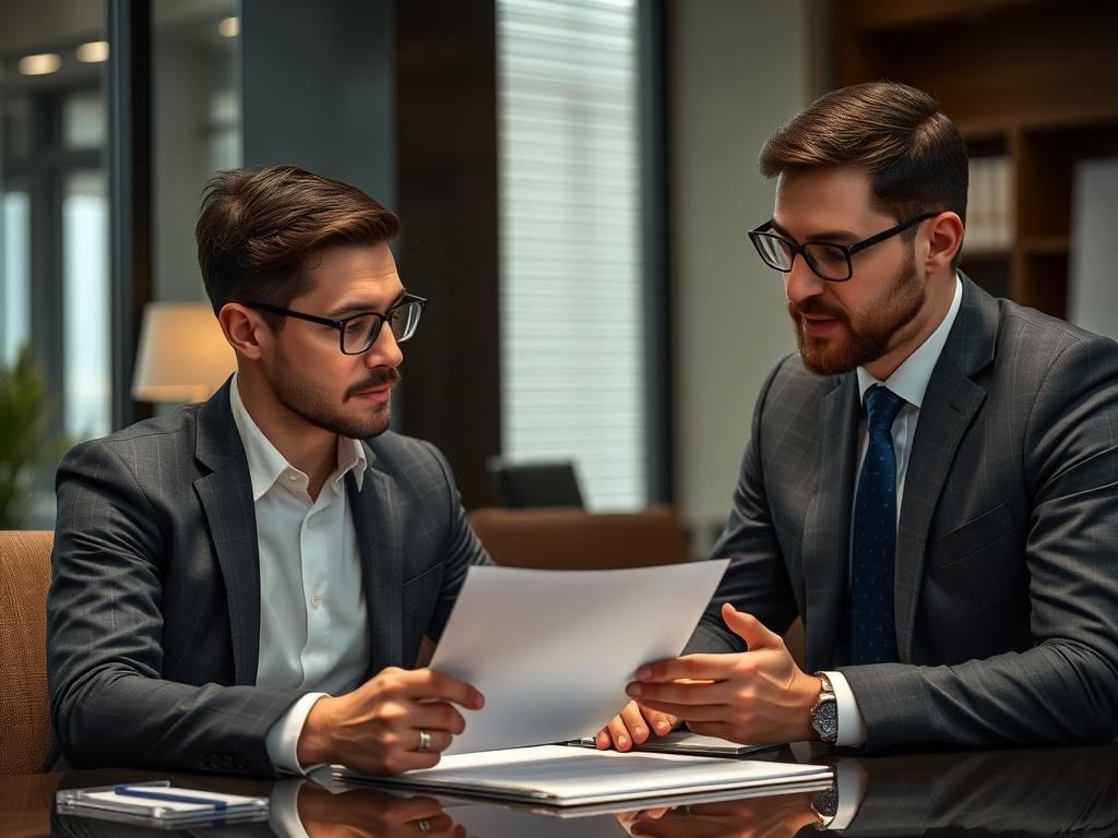 A close-up shot of a legal consultant discussing documents with a business owner in a formal office setting, conveying professionalism.