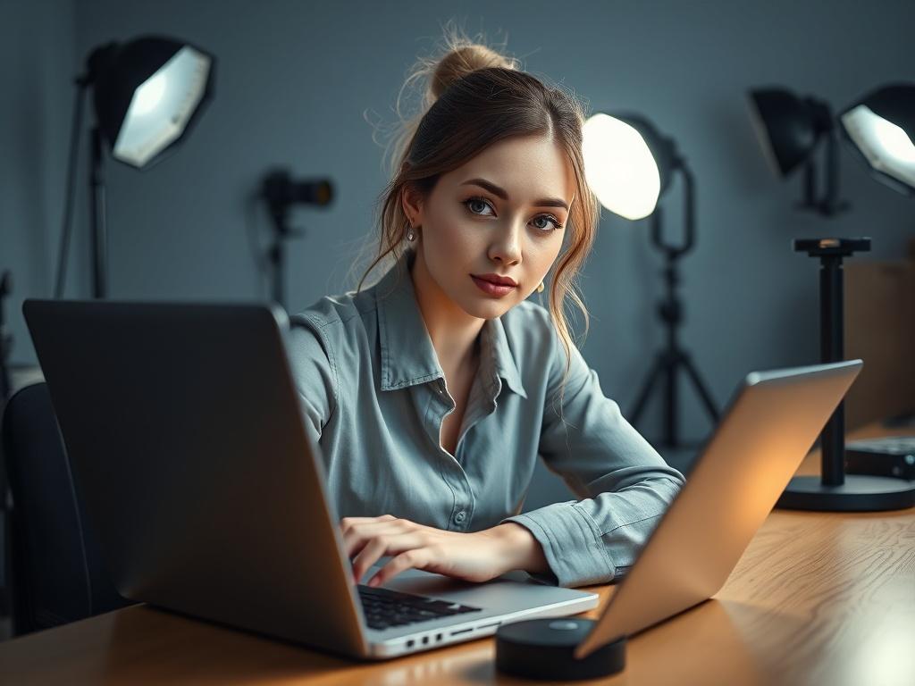 A professional female model sitting at a desk, working on a laptop with a close-up focus on her engaging profile on the screen. She has beautiful, well-lit features and is surrounded by studio lights and photography equipment, creating an atmosphere of professionalism and creativity.