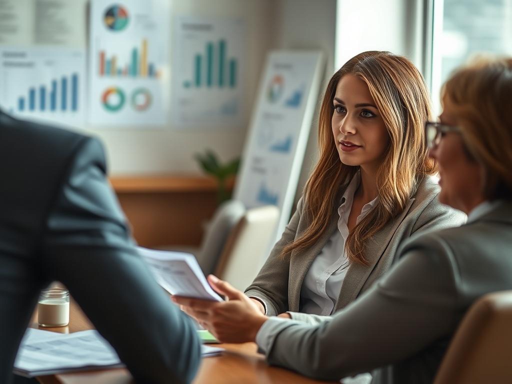 An attentive female model sitting in a well-lit room, discussing payment methods with a financial advisor. The scene emphasizes professionalism and clarity, with charts and financial documents displayed clearly in the background.