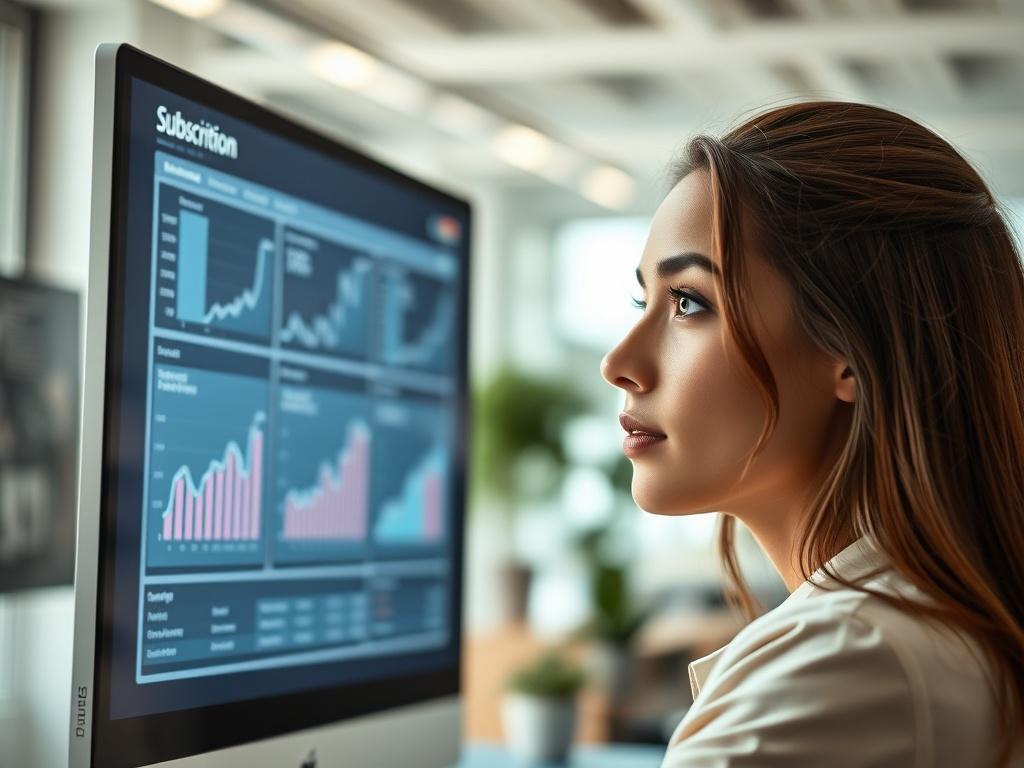 A focused female model in a bright, modern office space, looking at a digital screen with graphs and subscription statistics. The image captures her determination and engagement, showcasing her as a professional ready to take charge of her career.