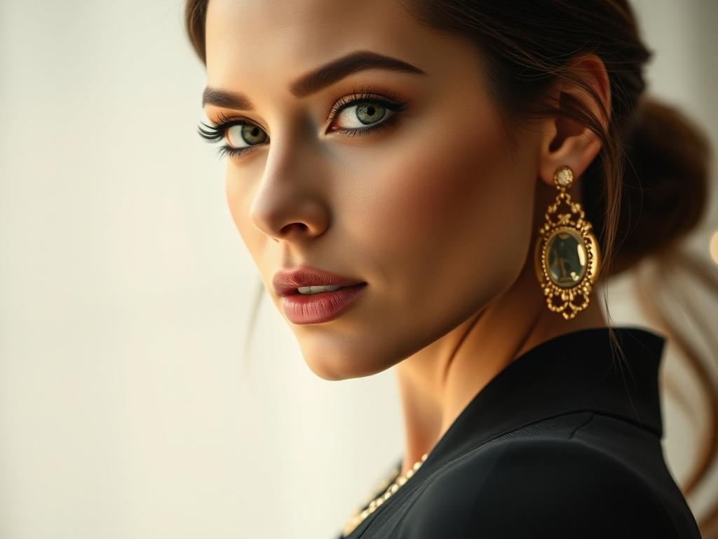 A close-up shot of a glamorous woman wearing elegant attire, radiating confidence and professionalism. The background is minimalistic with soft lighting that enhances her features. The color scheme consists of black and gold, reflecting a luxurious feel. The image captures her in a dynamic pose, symbolizing success and ambition in the modeling industry.
