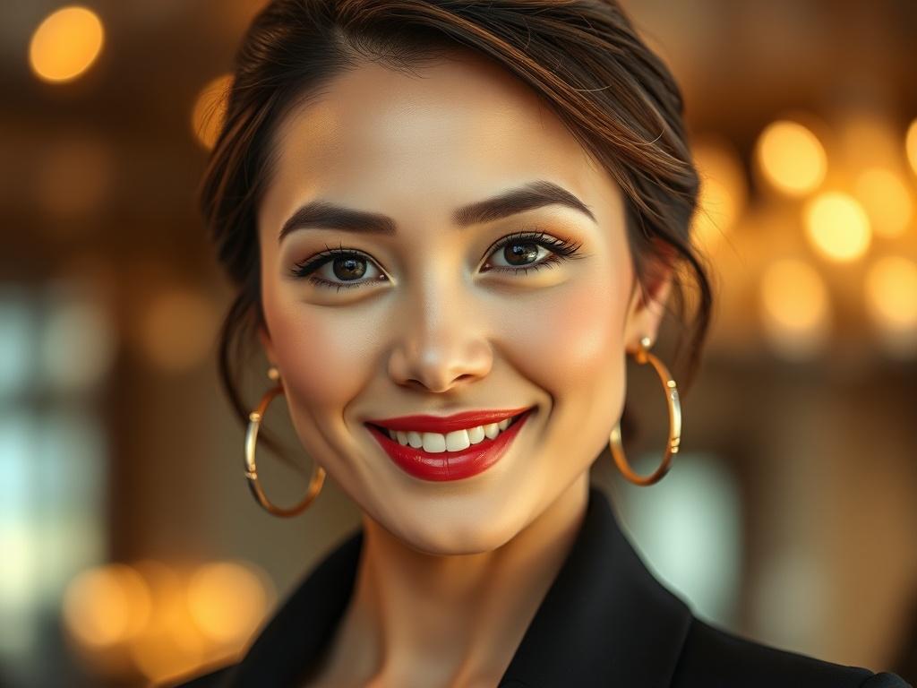 A close-up shot of a sophisticated woman with a radiant smile, wearing high-fashion attire. The background is elegantly blurred, focusing on her confident expression. The lighting is bright and inviting, creating an air of sophistication. The colors include a mix of black and gold, emphasizing luxury and elegance in the modeling realm.