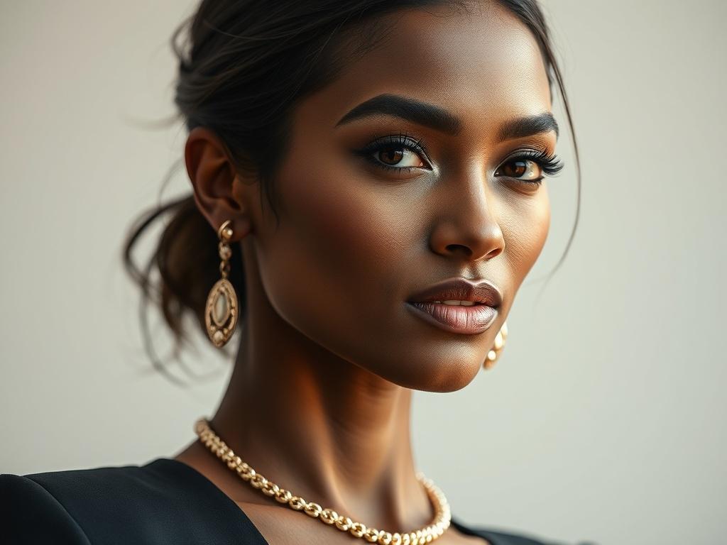A close-up shot of a confident woman in a professional modeling pose, showcasing elegance and empowerment. The background is minimal and polished, emphasizing the model's features. The lighting is soft, highlighting her facial features and creating an inviting atmosphere. The color scheme includes black, gold, and white tones, maintaining a premium and professional look.