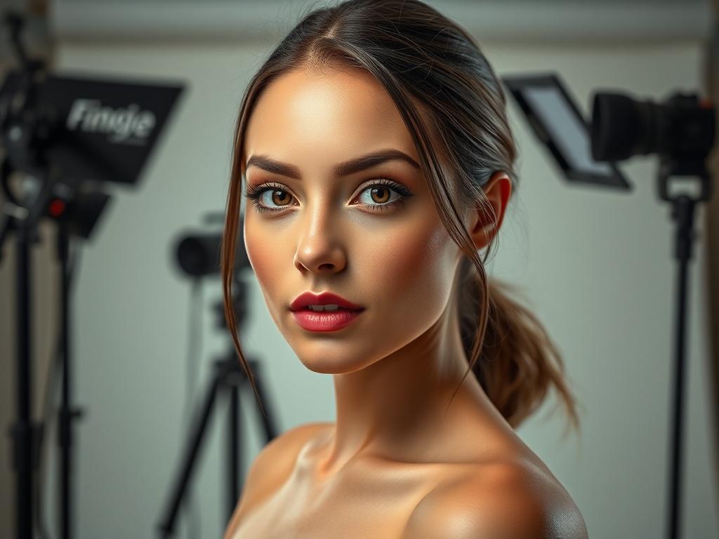 A polished and elegant close-up of a female model posing confidently in a professional studio setting with soft lighting, surrounded by minimalistic studio equipment, showcasing a sense of professionalism and glamor.