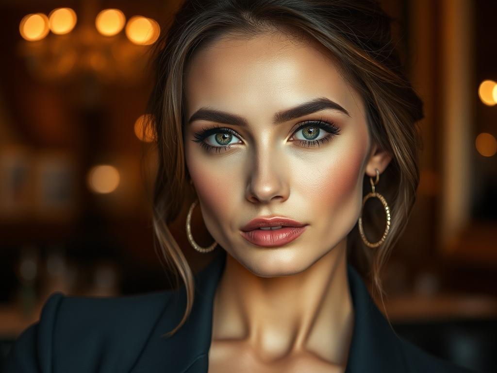 A sophisticated close-up of a female model with a confident expression, elegantly dressed in a chic setting, with refined lighting highlighting her features, creating an aura of exclusivity.