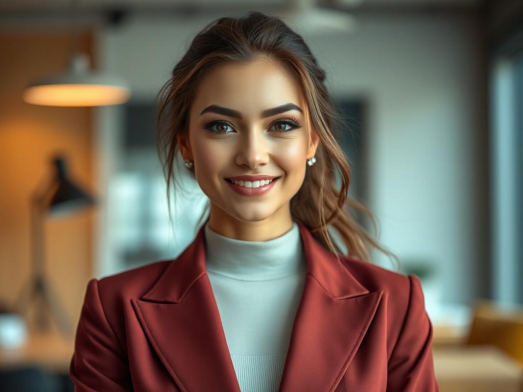 A glamorous close-up of a female model in a stylish outfit, smiling confidently in a modern studio, with soft focus on the background, emphasizing her beauty and professionalism.