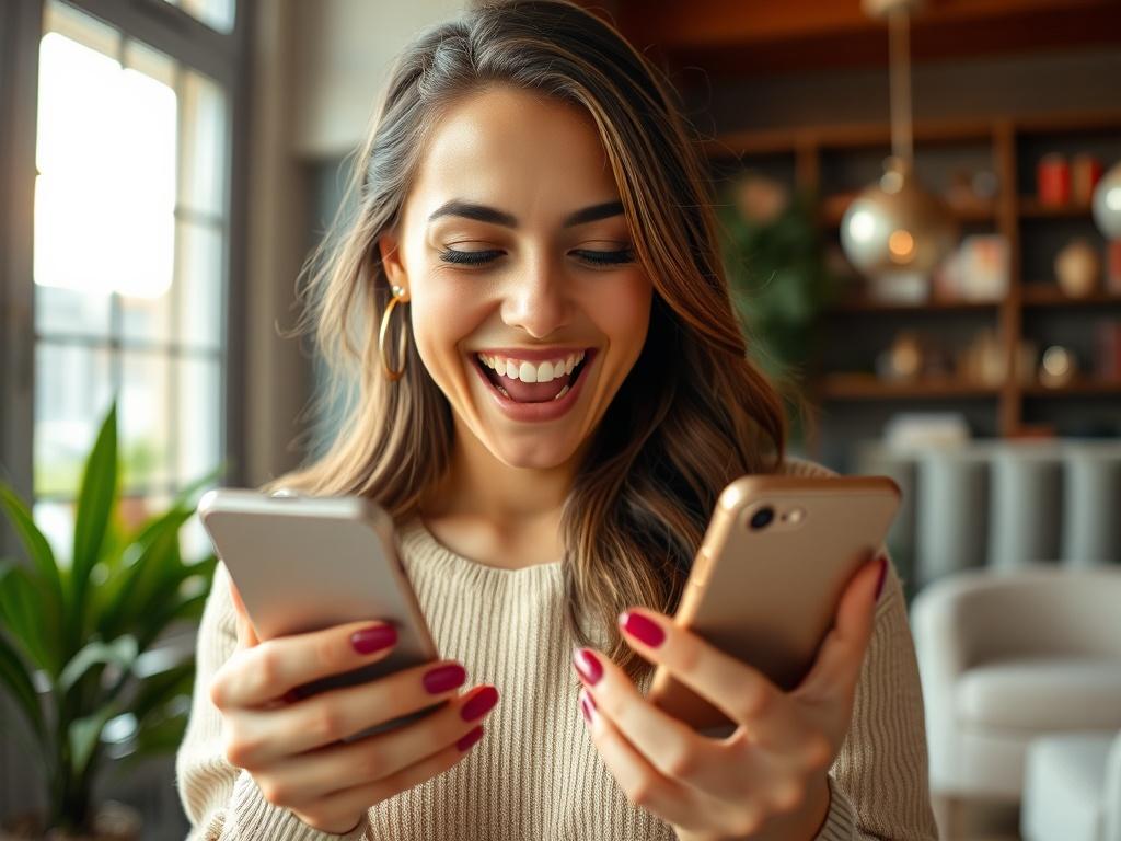 An enthusiastic female model celebrating while checking her phone, with