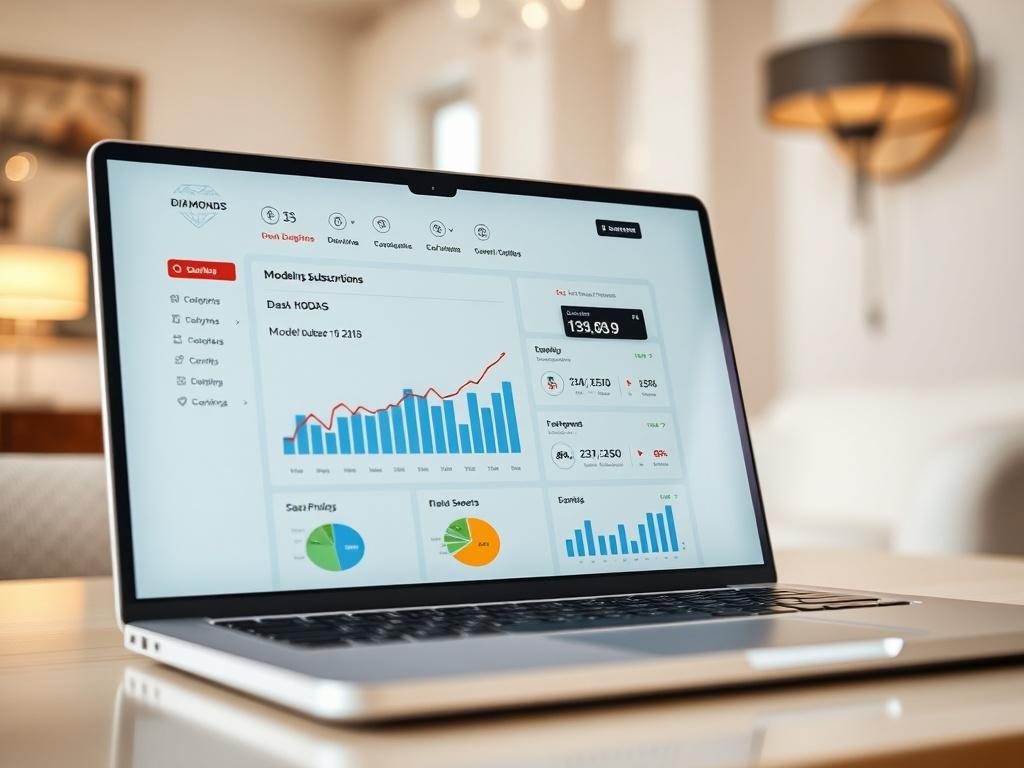 An elegant dashboard interface displayed on a laptop, featuring graphs