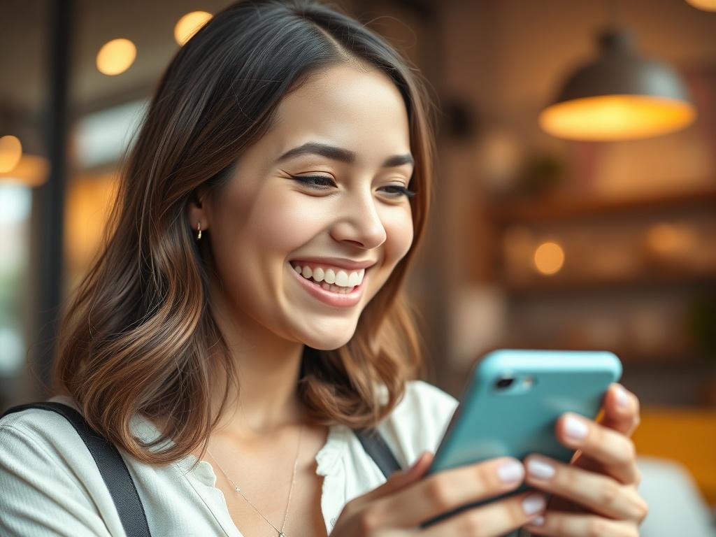 A close up of a young woman happily looking at