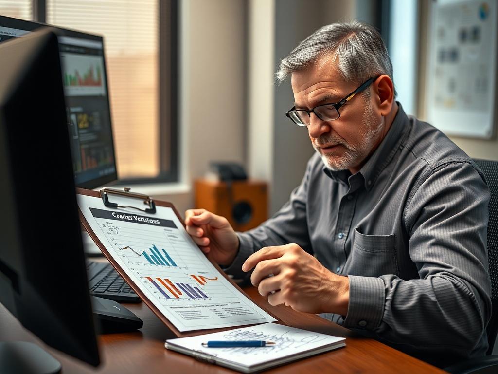 Create a realistic high-resolution photo that visually represents the concept of "Carrier Vetting" in the transportation industry. The central subject of the image should be a diligent logistics professional, a middle-aged man or woman, sitting at a desk and closely examining a clipboard filled with information about freight carriers. Their expression should reflect concentration and determination.

The background should be a modern office environment, softly lit to create a warm yet professional atmosphere