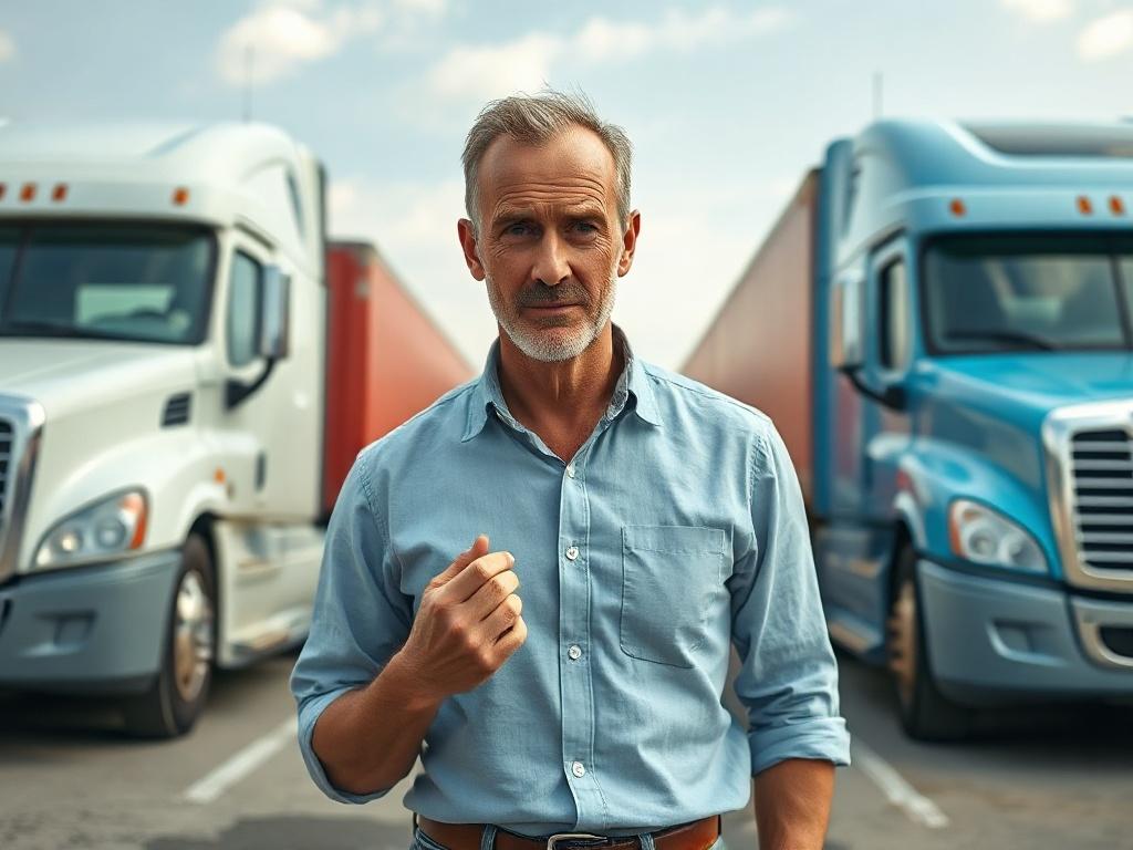 **AI Image Generation Prompt:**

Create a realistic high-resolution photo depicting a white man in his mid-30s, standing on a vibrant outdoor transportation lot. He has a slightly puzzled expression, demonstrating a struggle as he contemplates choosing between two distinct freight trucks positioned in front of him. 

- **Composition:** The image should focus solely on the man, emphasizing his expression and body language, with the two freight trucks framed prominently on either side. The man should be cente