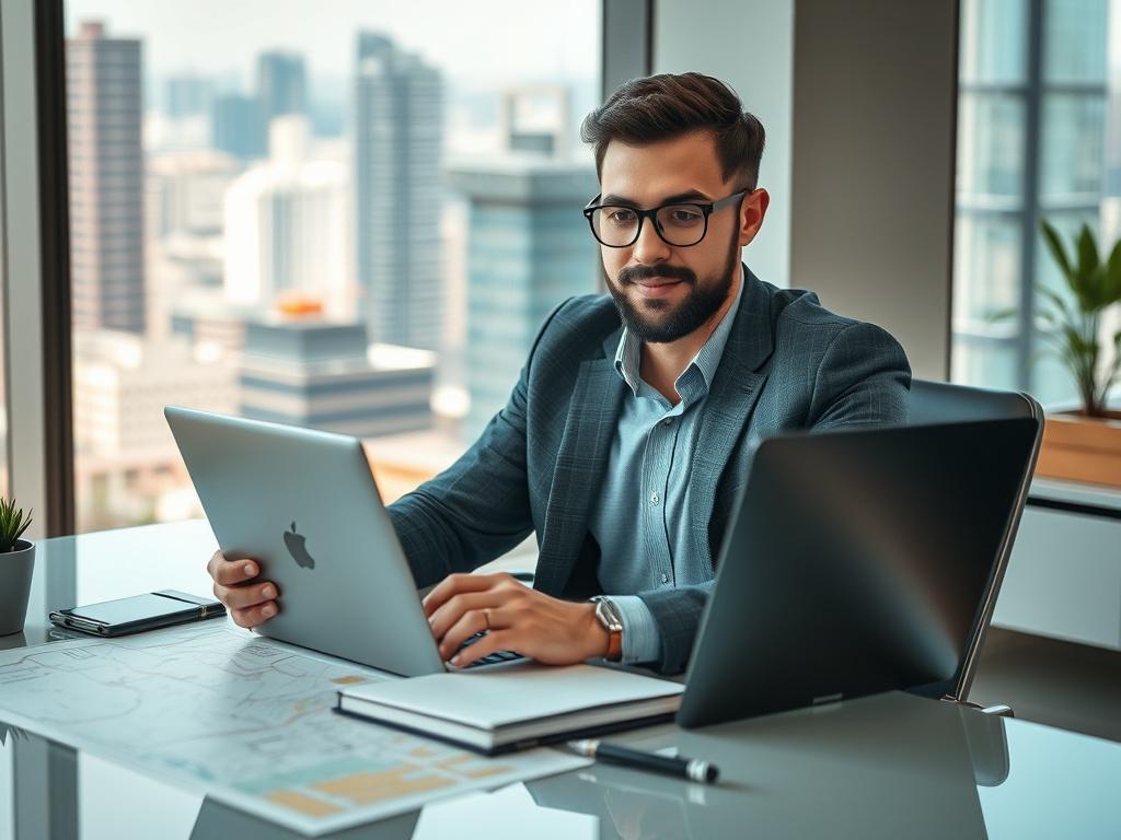 **AI Image Generation Prompt:**

Create a realistic high-resolution photo that captures the essence of third-party logistics (3PL) and its role in helping businesses scale effectively while minimizing overhead costs. The composition should be simple and clear, focusing on a single subject: a confident business owner or logistics manager seated at a modern office desk, reviewing logistics data on a sleek laptop. 

Ensure the subject is dressed in smart casual attire, representing professionalism and adaptabi