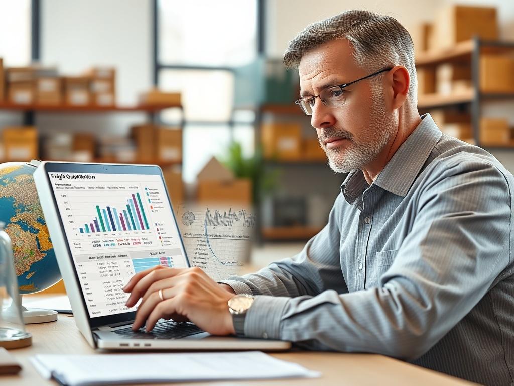 Create a realistic high-resolution photo featuring a focused close-up shot of a professional, confident logistics coordinator analyzing freight quotation data on a laptop in an office setting. The subject should be a middle-aged individual, displaying thoughtful concentration while reviewing a digital spreadsheet filled with numbers and graphs. 

The background should depict a modern office space with minimal distractions—perhaps a desk with a few logistics-related documents, a globe indicating internationa