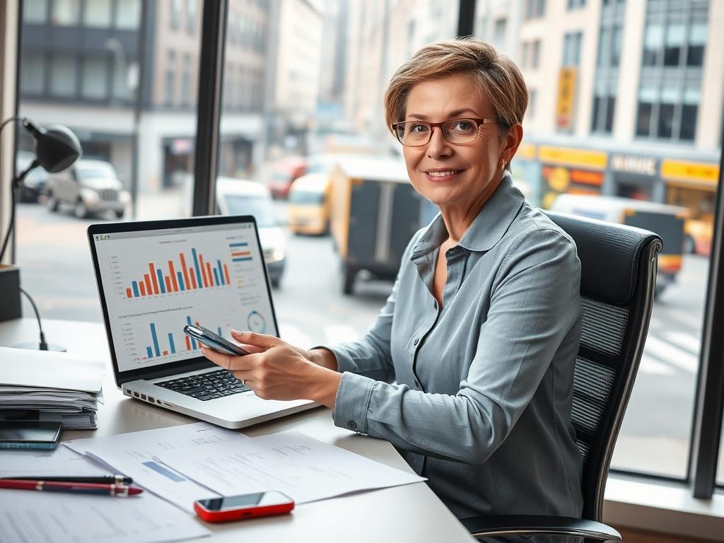 **AI Image Generation Prompt:**

Create a realistic high-resolution photo that illustrates the theme of "Transportation Management Solutions for Small Businesses: How to Stay Competitive." The image should feature a single subject: a small business owner, a middle-aged woman with a confident expression, sitting at her organized desk filled with transportation-related documents, a laptop, and a smartphone. 

Composition should be clean and straightforward, with the focus entirely on the business owner, who s