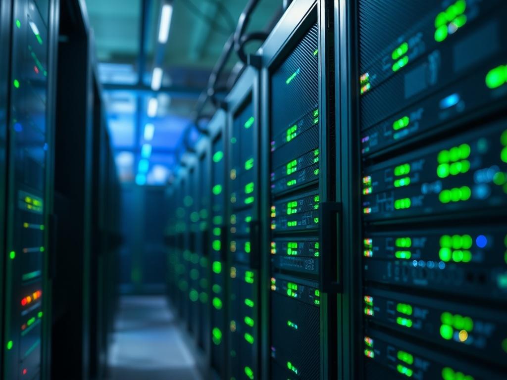 A hyper-realistic close-up shot of a modern server room, showcasing neatly organized server racks with blinking lights and cables. The background is softly blurred, highlighting the intricate details of the servers and the cool lighting in the room. The image uses a shallow depth of field to emphasize the technology, with an RGB color palette featuring green tones to reflect the brand's primary color.