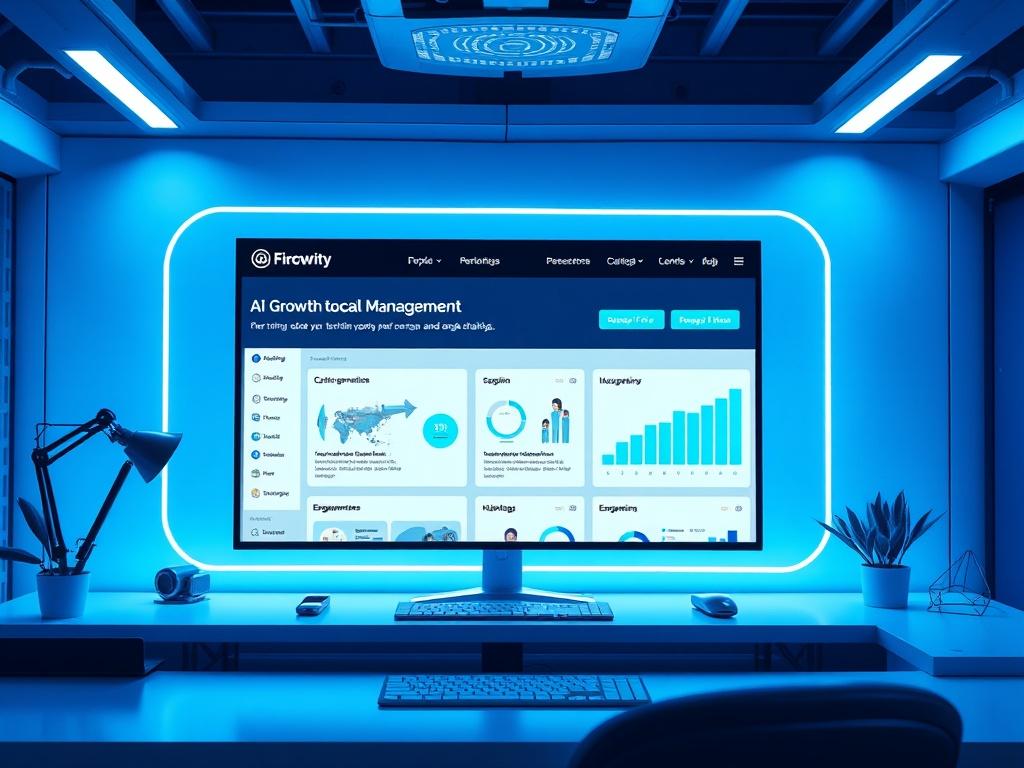 A futuristic workspace featuring a computer screen displaying AI growth