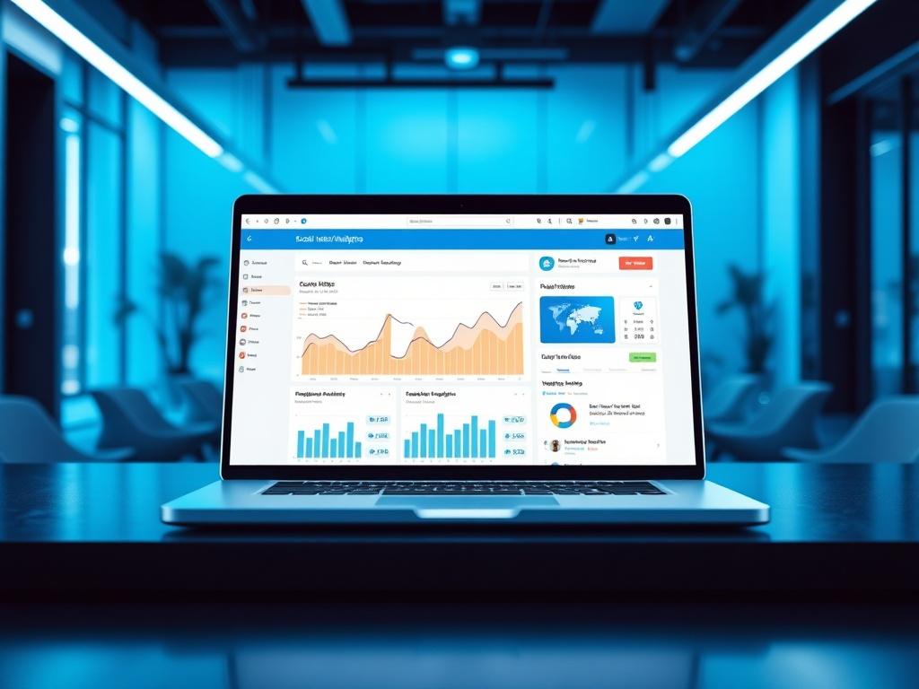 A sleek and modern workspace featuring an open laptop displaying a vibrant social media analytics dashboard. The background should be a contemporary office setting with cool blue and black tones, crisp lighting, and a professional tech-focused aesthetic. The focus should be on the laptop screen, showcasing graphs and engagement metrics.