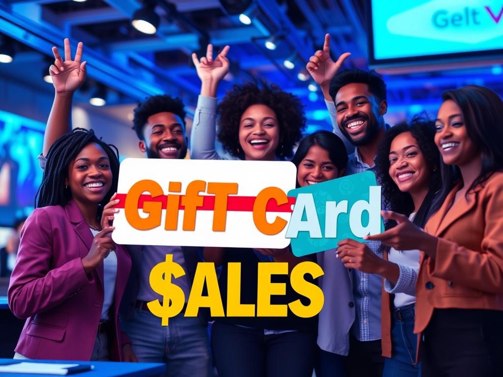 A visually engaging representation of a group of diverse individuals celebrating their earnings from gift card sales. The scene is vibrant, with elements of technology and modernity, emphasizing collaboration and success in a tech-focused environment.