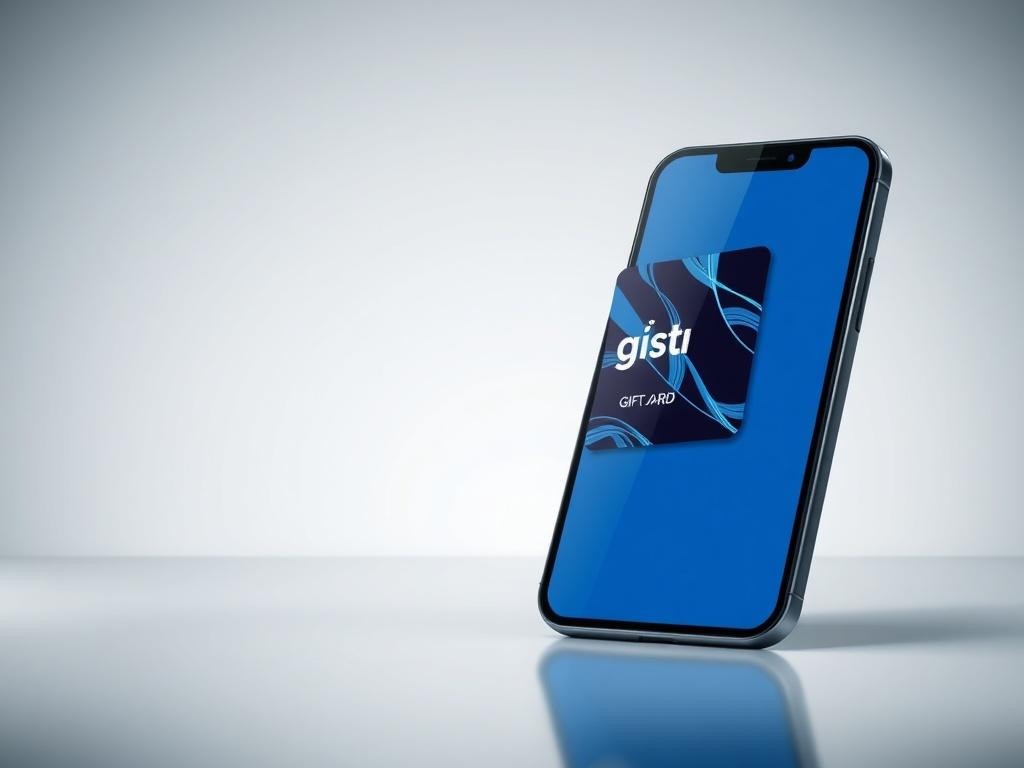 A sleek and modern design of a digital gift card displayed on a smartphone screen. The gift card is vibrant, featuring a cool blue and black theme, with a professional and tech-focused aesthetic. The background is minimalistic, highlighting the gift card without distractions.