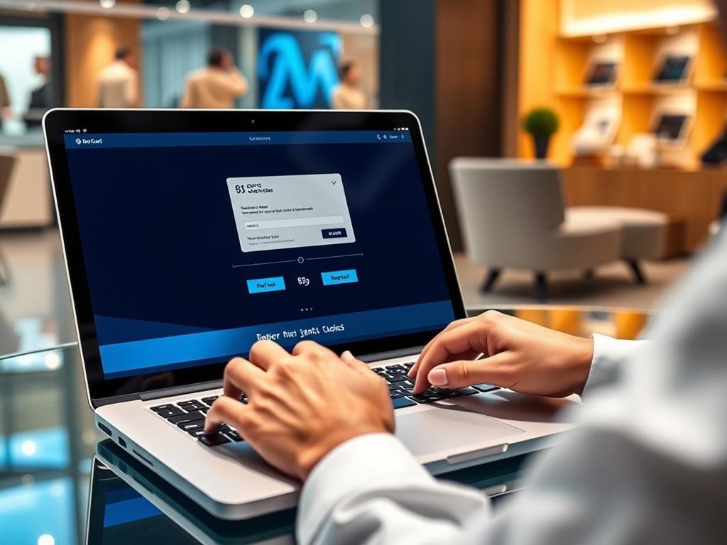 An elegant image showcasing a user redeeming a gift card on a laptop. The laptop screen displays a smooth interface with a digital gift card being applied at checkout. The surrounding environment is modern and inviting, with a tech-focused aesthetic.