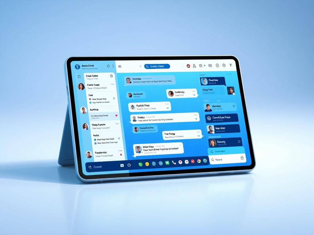 A vibrant community chat interface displayed on a modern device, showcasing multiple active chat rooms and private messaging features. The design should be clean and user-friendly, with a professional feel. Use a color palette that incorporates cool blues and blacks for a tech-inspired look.